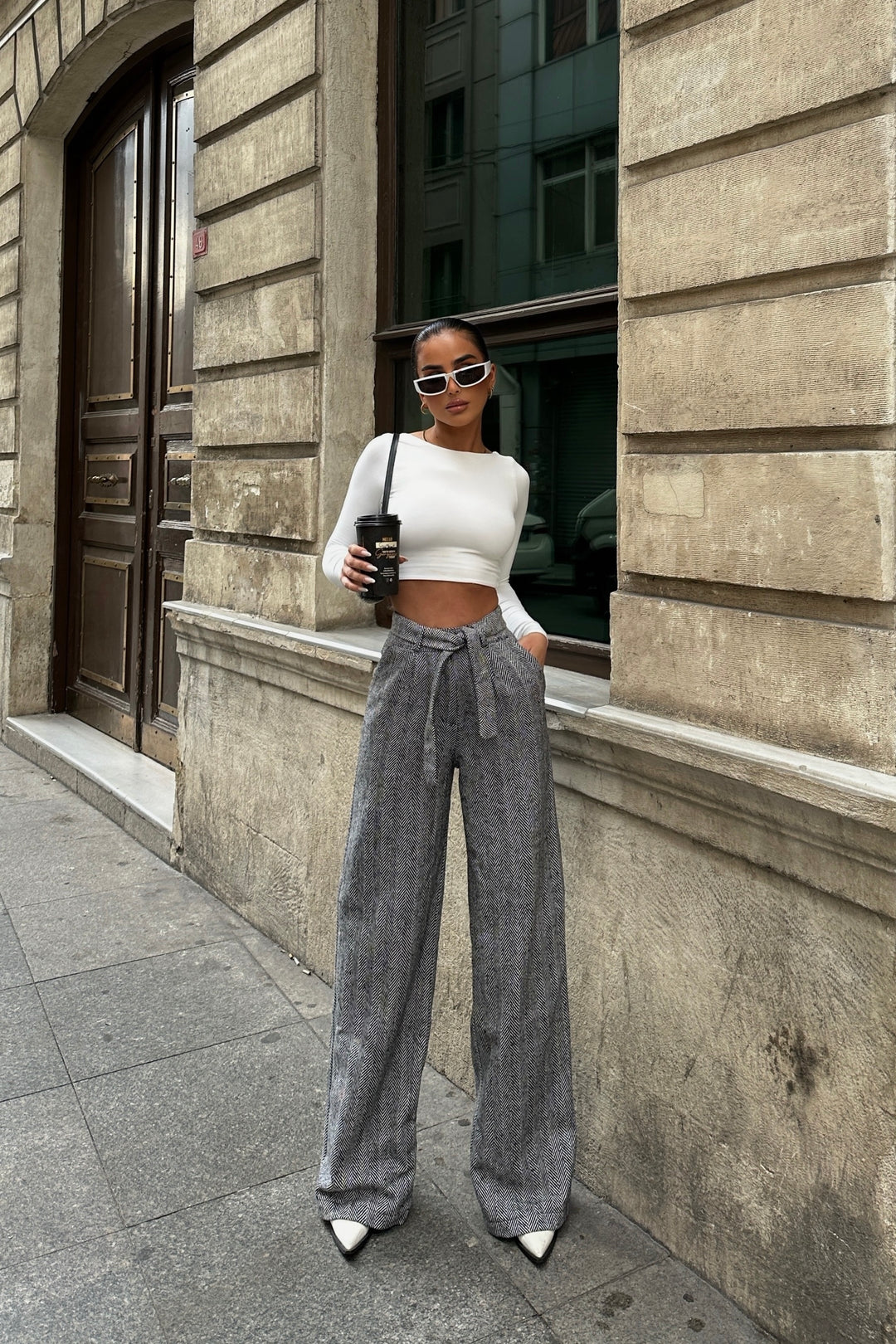 Herringbone Wool Wide Legs Pants