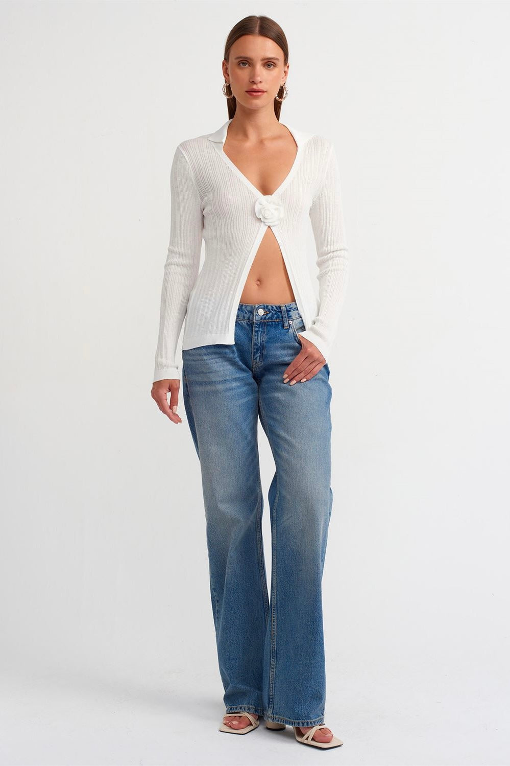 Ribbed Cardigan with Flower Detail