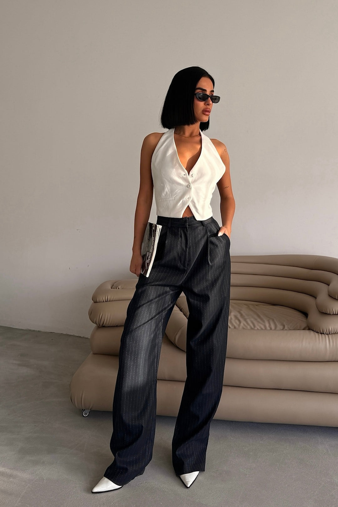 Pinstripe Pleated Trousers