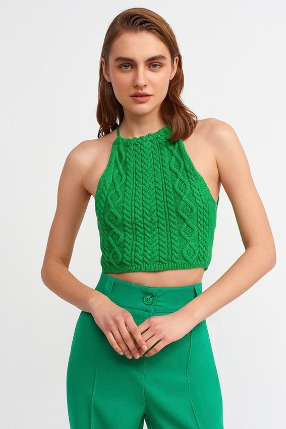 Knitted Back Tie Strings Crop Green