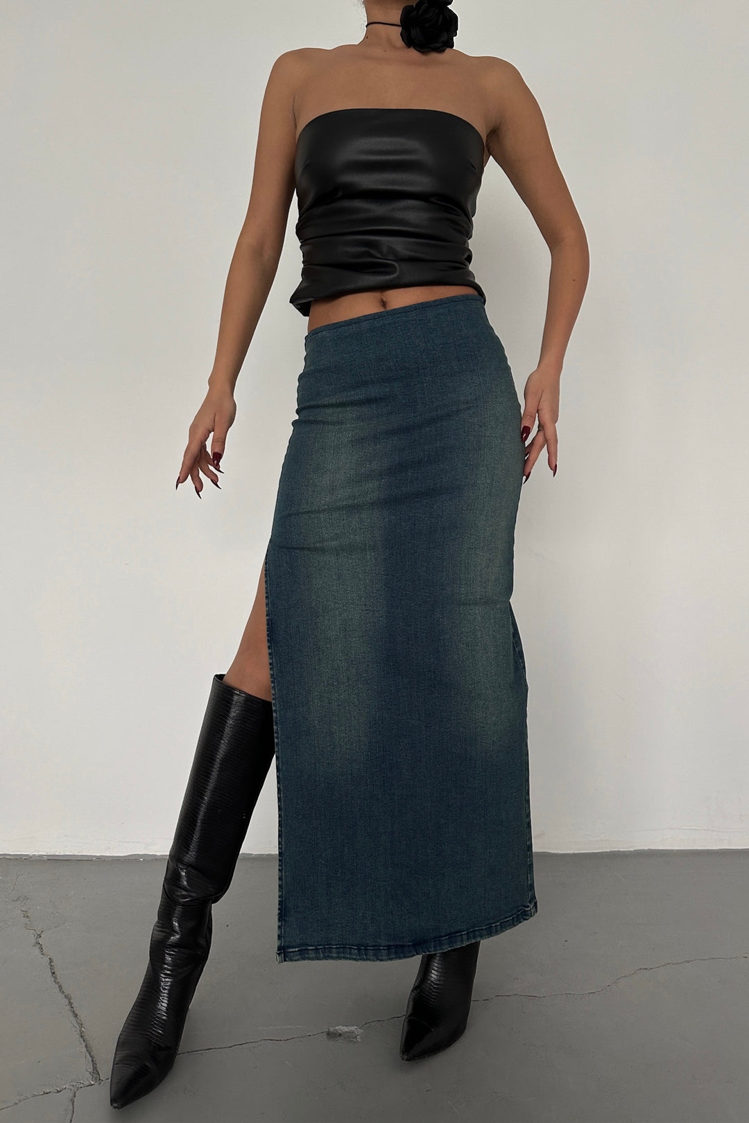 Side Slit Pale Blue Jean Skirt