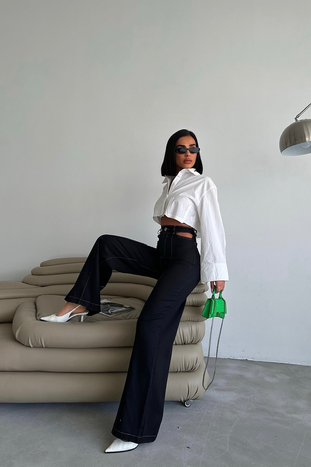 Cutout Waist Black Flare Pants