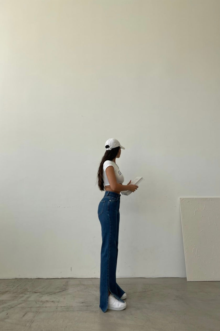 Wide Side Split Jeans Dark Blue