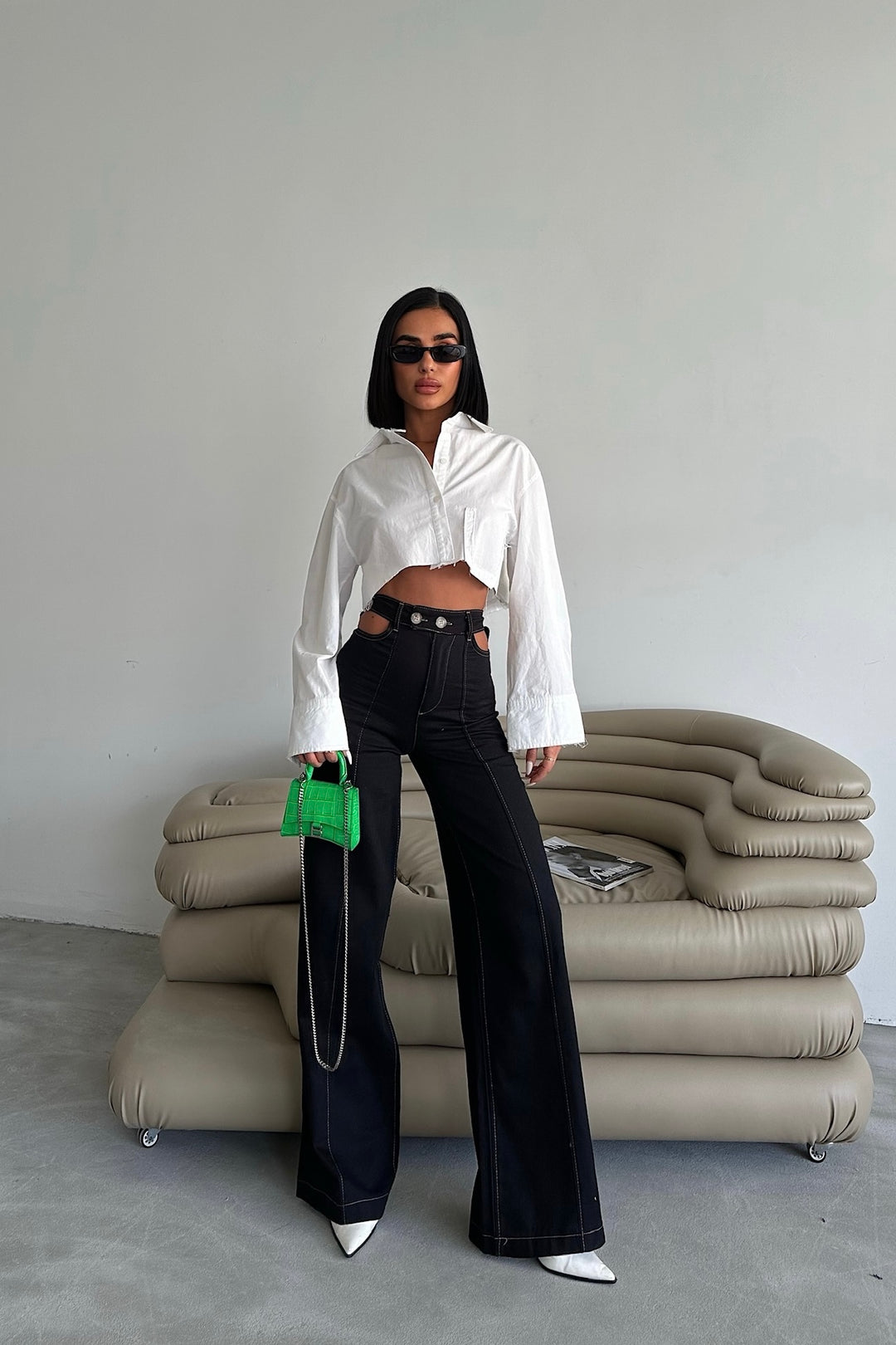 Cutout Waist Black Flare Pants