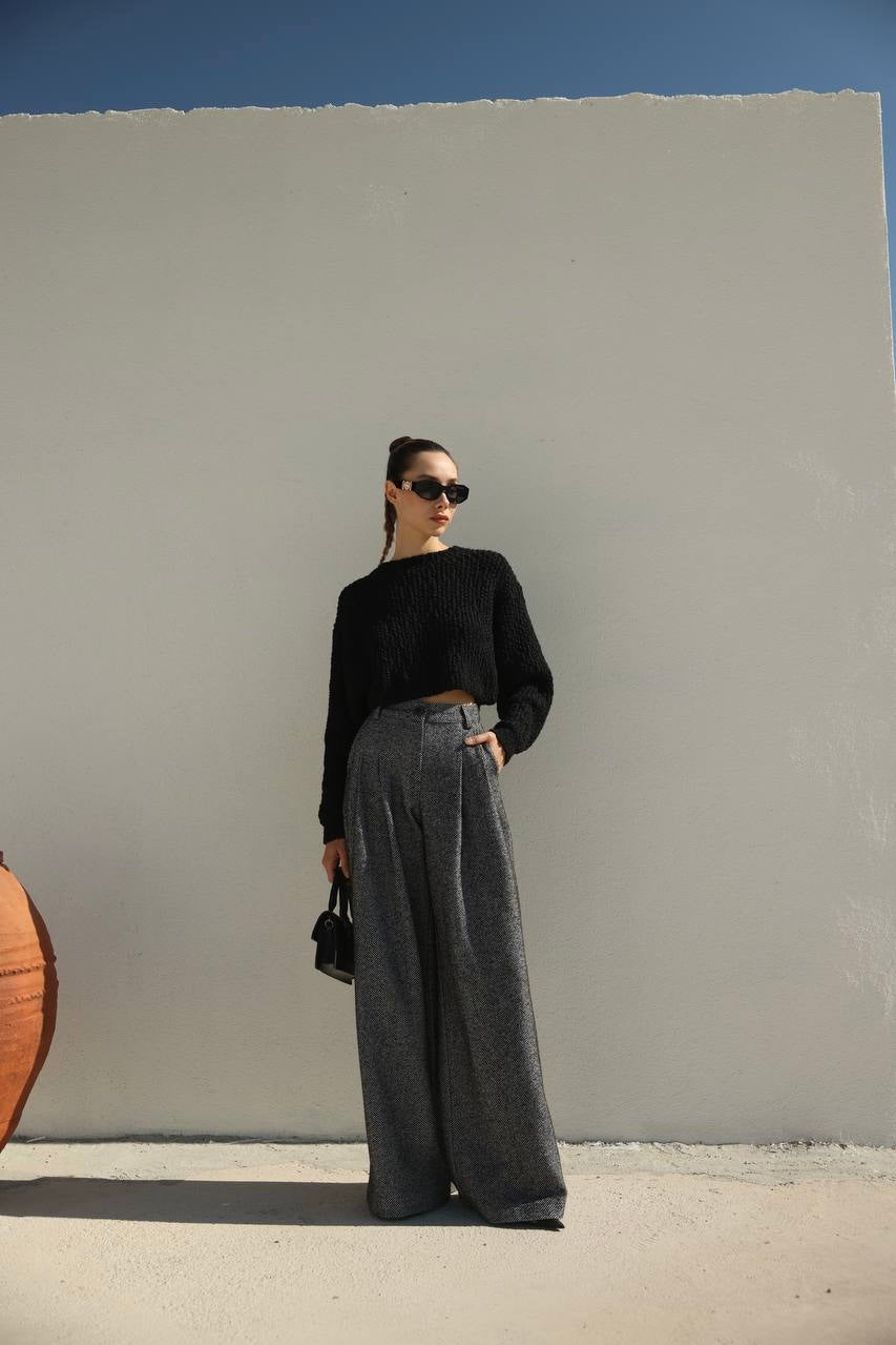 Herringbone Wool Wide Legs Pants