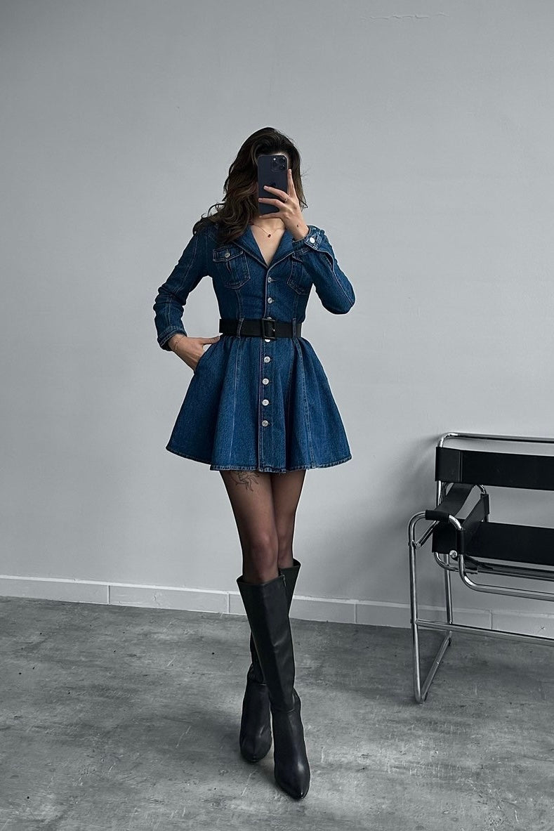 Pleated Long Sleeve Denim Dress