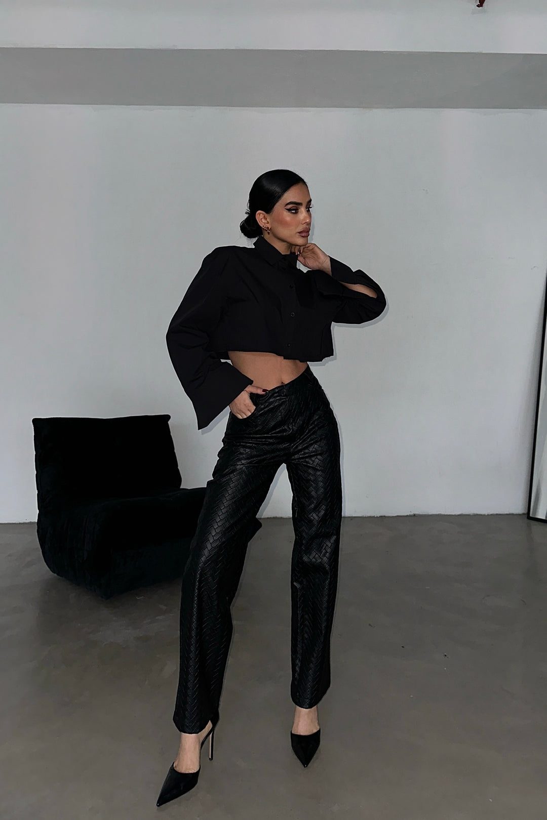 Herringbone Faux Leather Pants