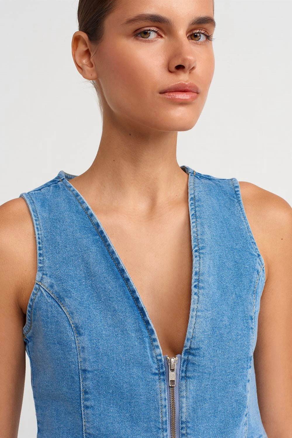 Zip Up Denim Vest Top