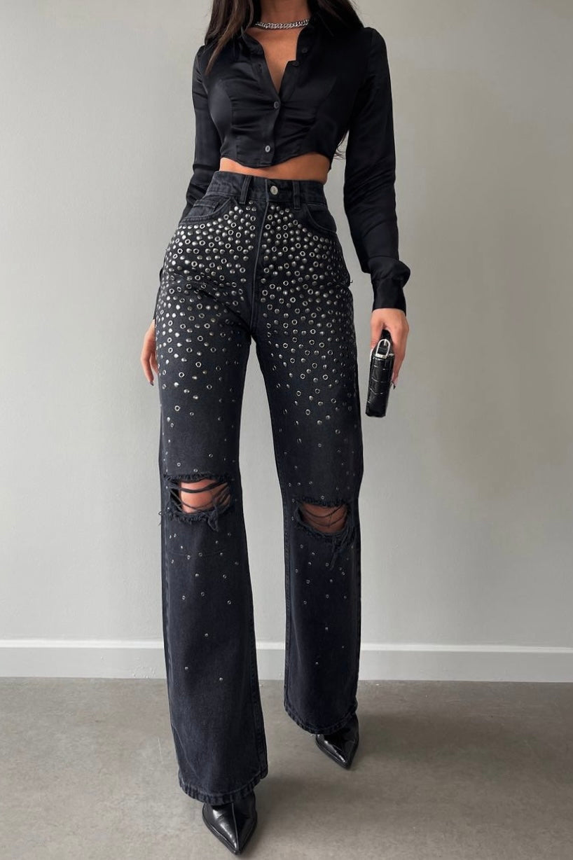 Metal Stones Flared Jeans