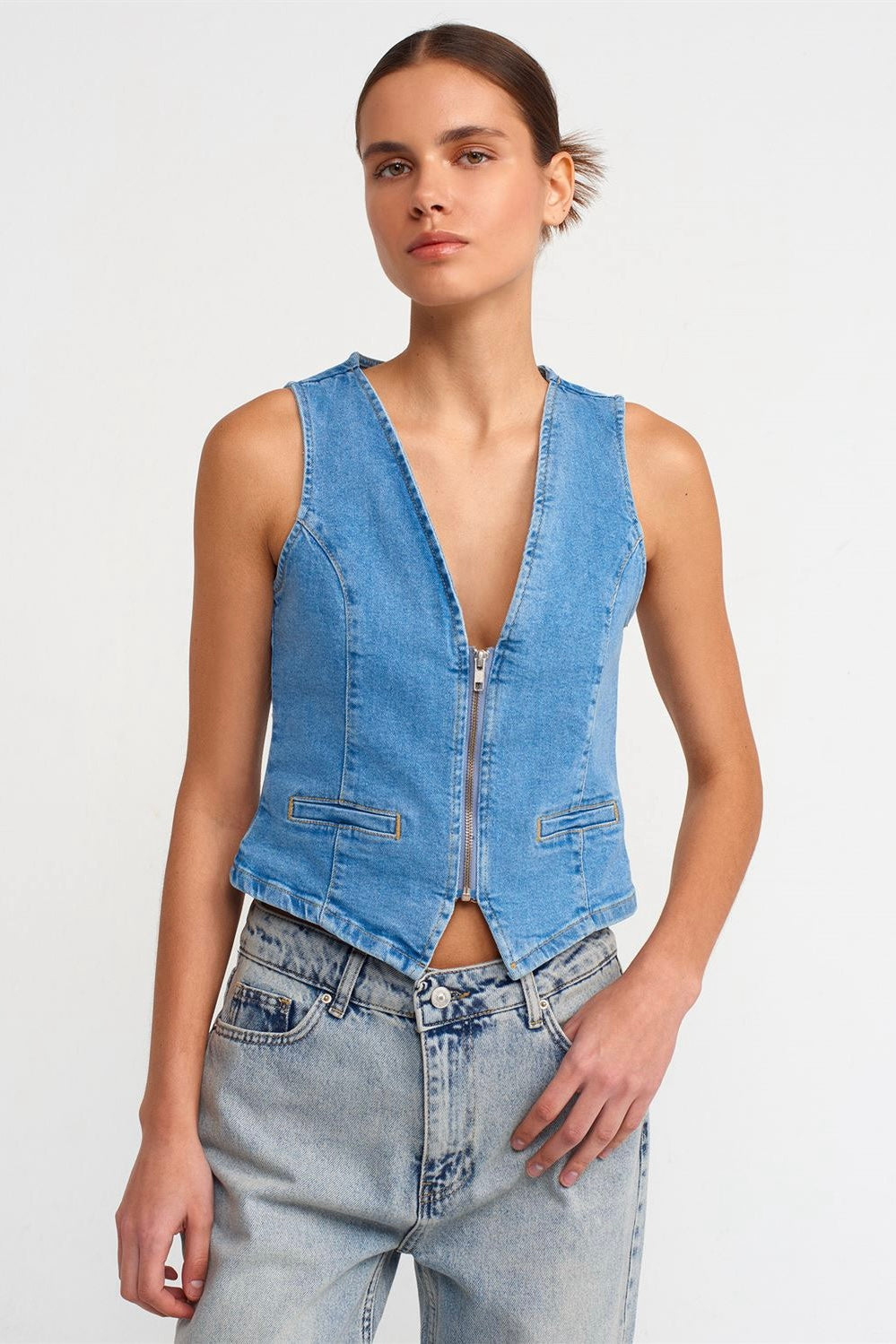 Zip Up Denim Vest Top