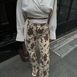 Brown Cow Print Straight Pants