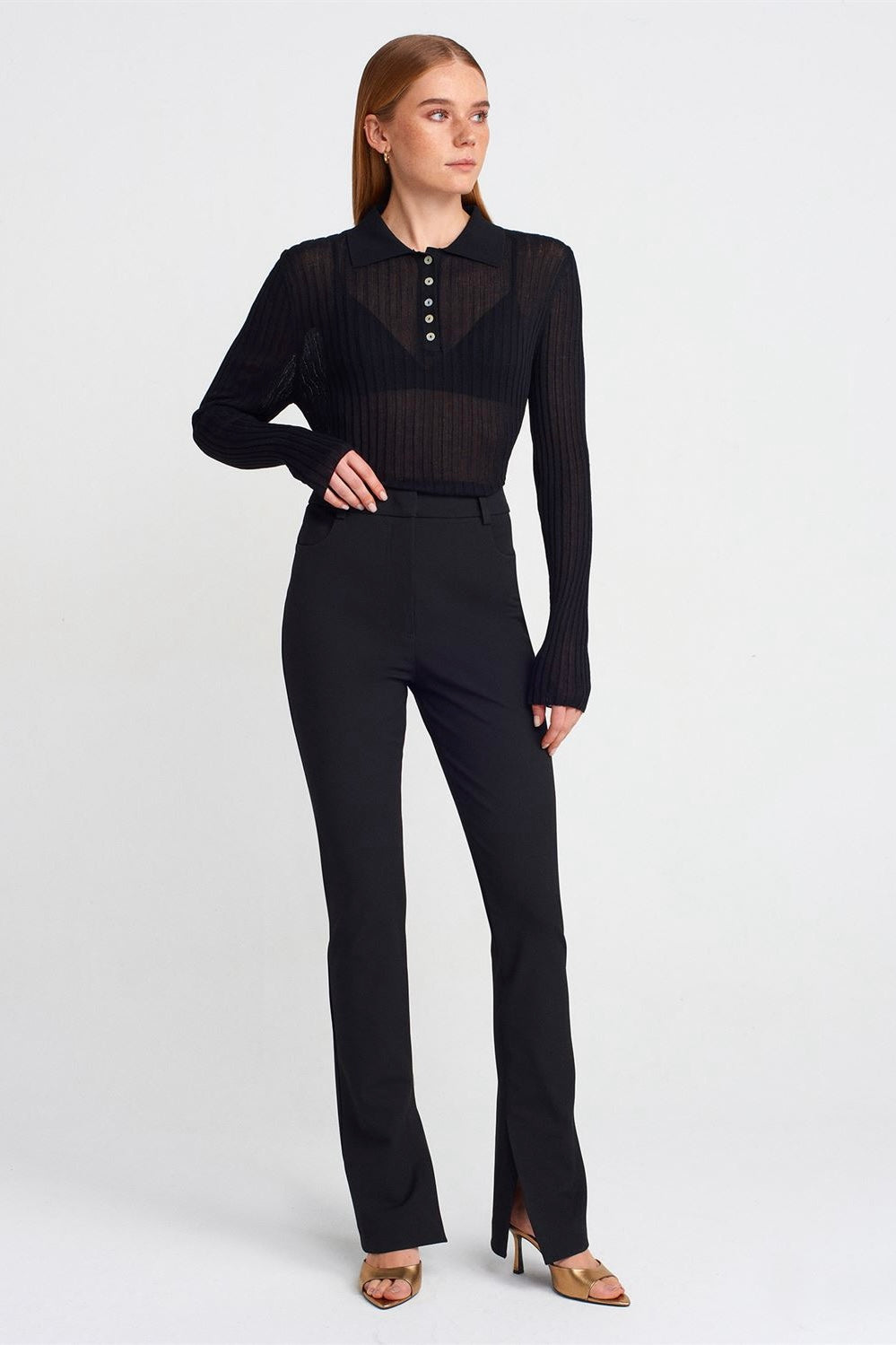 Buttoned Polo Collar Lightweight Knit Sweater