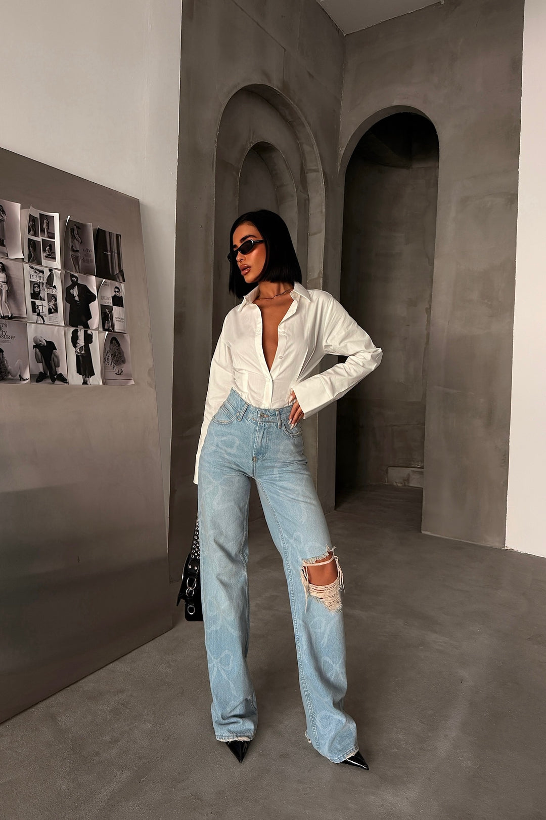 Ripped Bow-Waist Jeans