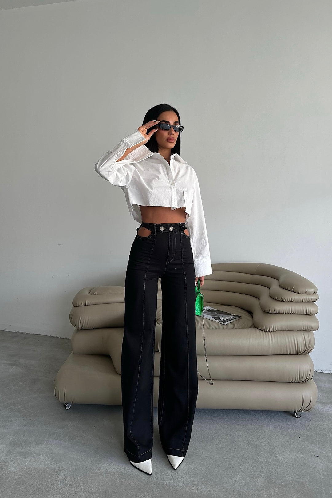 Cutout Waist Black Flare Pants