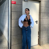 Front Split V Stitch Design Denim Skirt