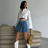 Pleated Denim Mini Skort
