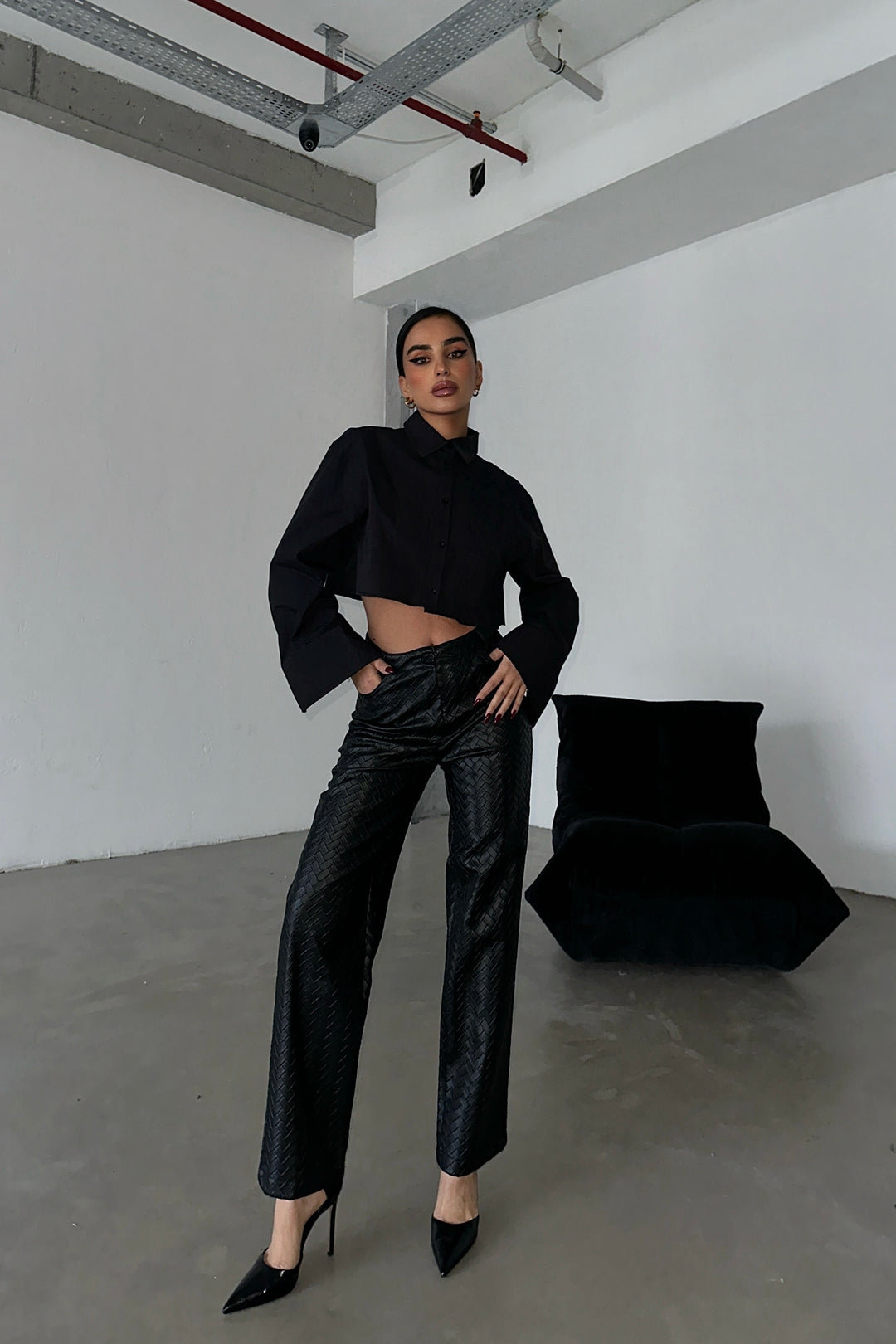Herringbone Faux Leather Pants
