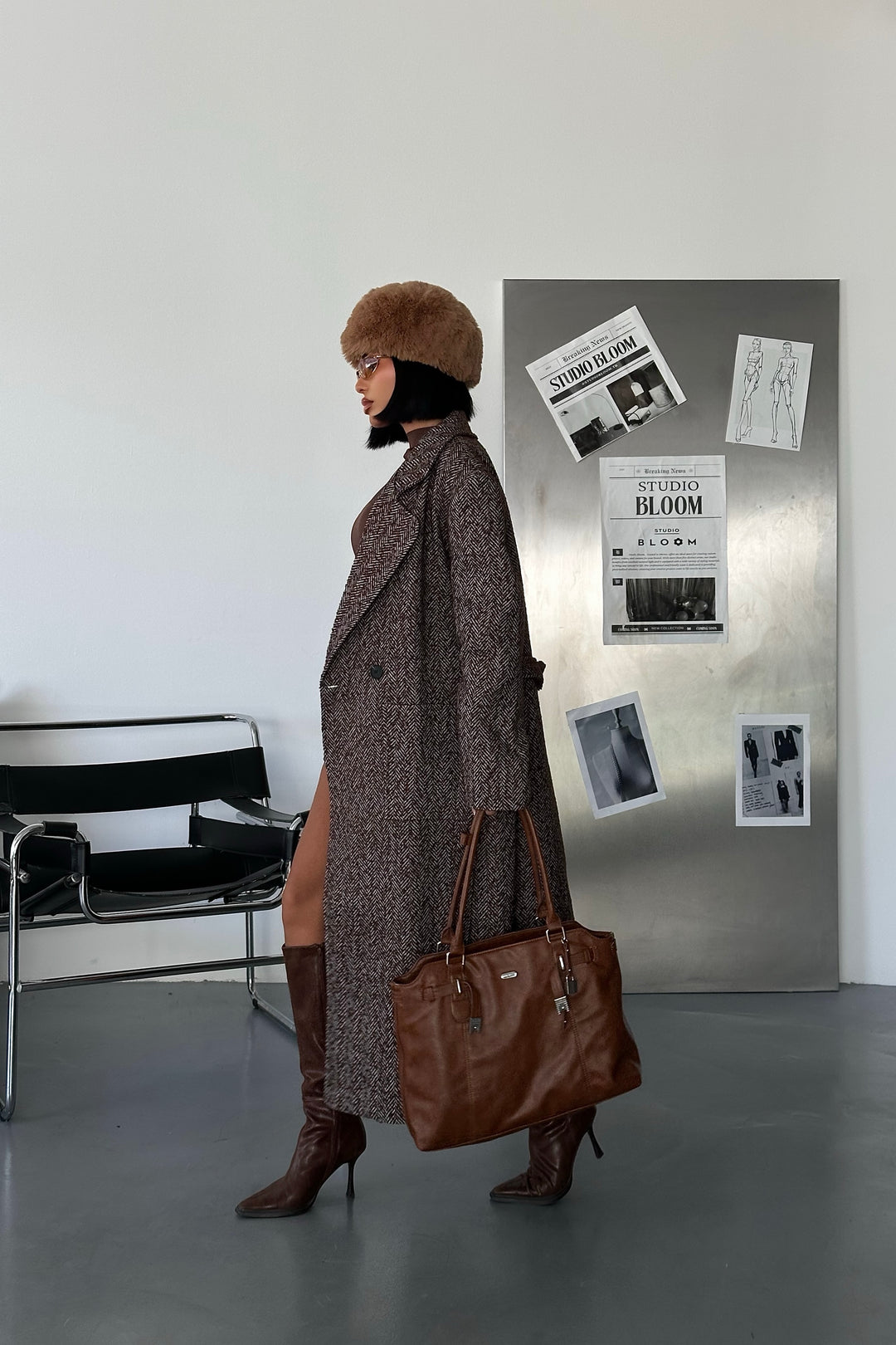 Brown Herringbone Wool Belted Coat