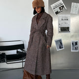 Brown Herringbone Wool Belted Coat