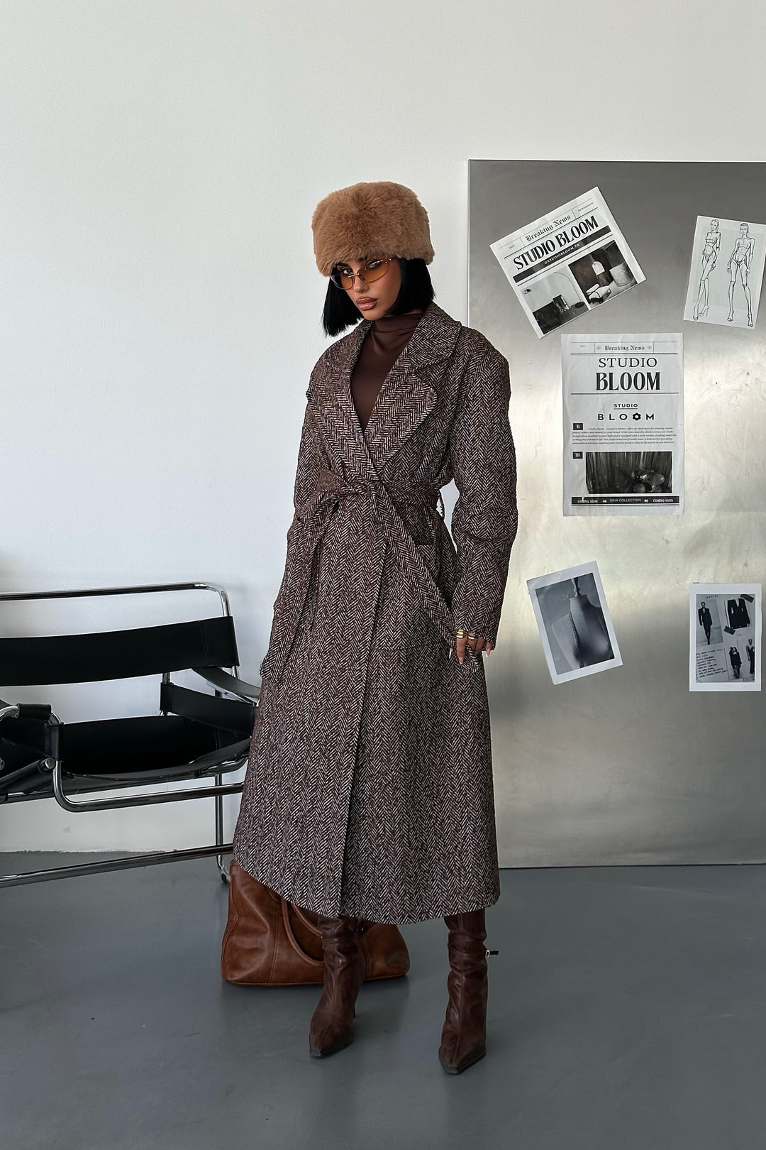 Brown Herringbone Wool Belted Coat