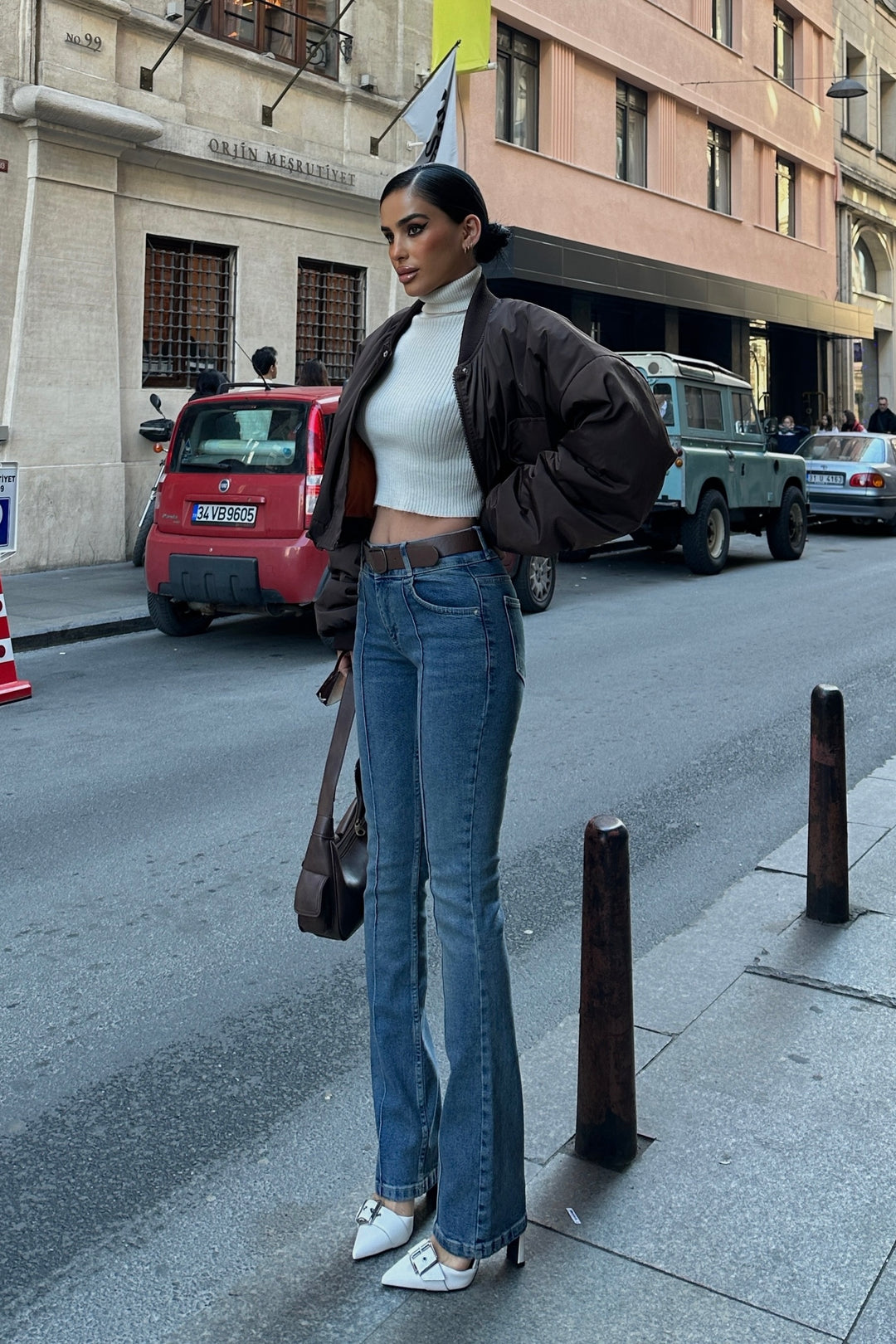 Flared Mid Rise Front Stitch Jeans