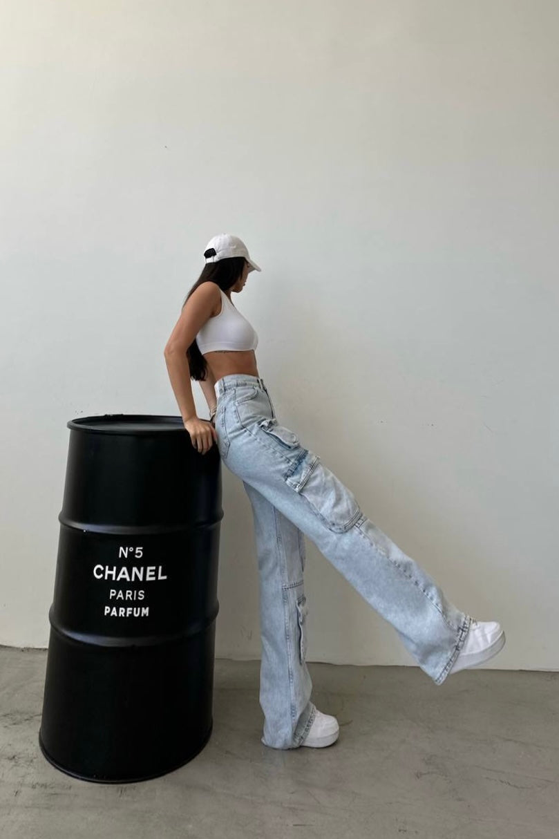 Pockets Cargo Jeans In Light Blue