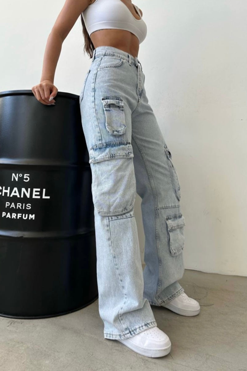 Pockets Cargo Jeans In Light Blue
