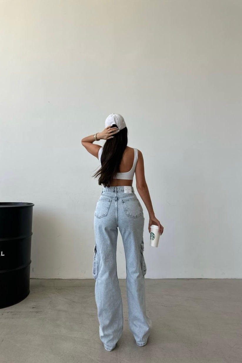 Pockets Cargo Jeans In Light Blue