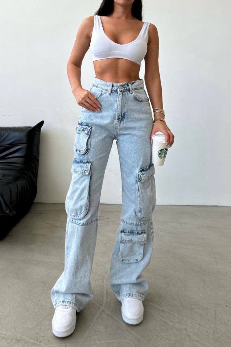 Pockets Cargo Jeans In Light Blue