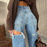 Cutout Back Wide Leg Jeans - Blue