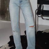 Mid Rise Straight Fit Ripped Jean