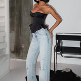 Mid Rise Straight Fit Ripped Jean