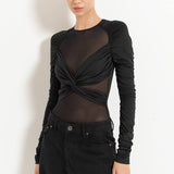 Twist Front Ruched Mesh Bodysuit