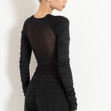 Twist Front Ruched Mesh Bodysuit