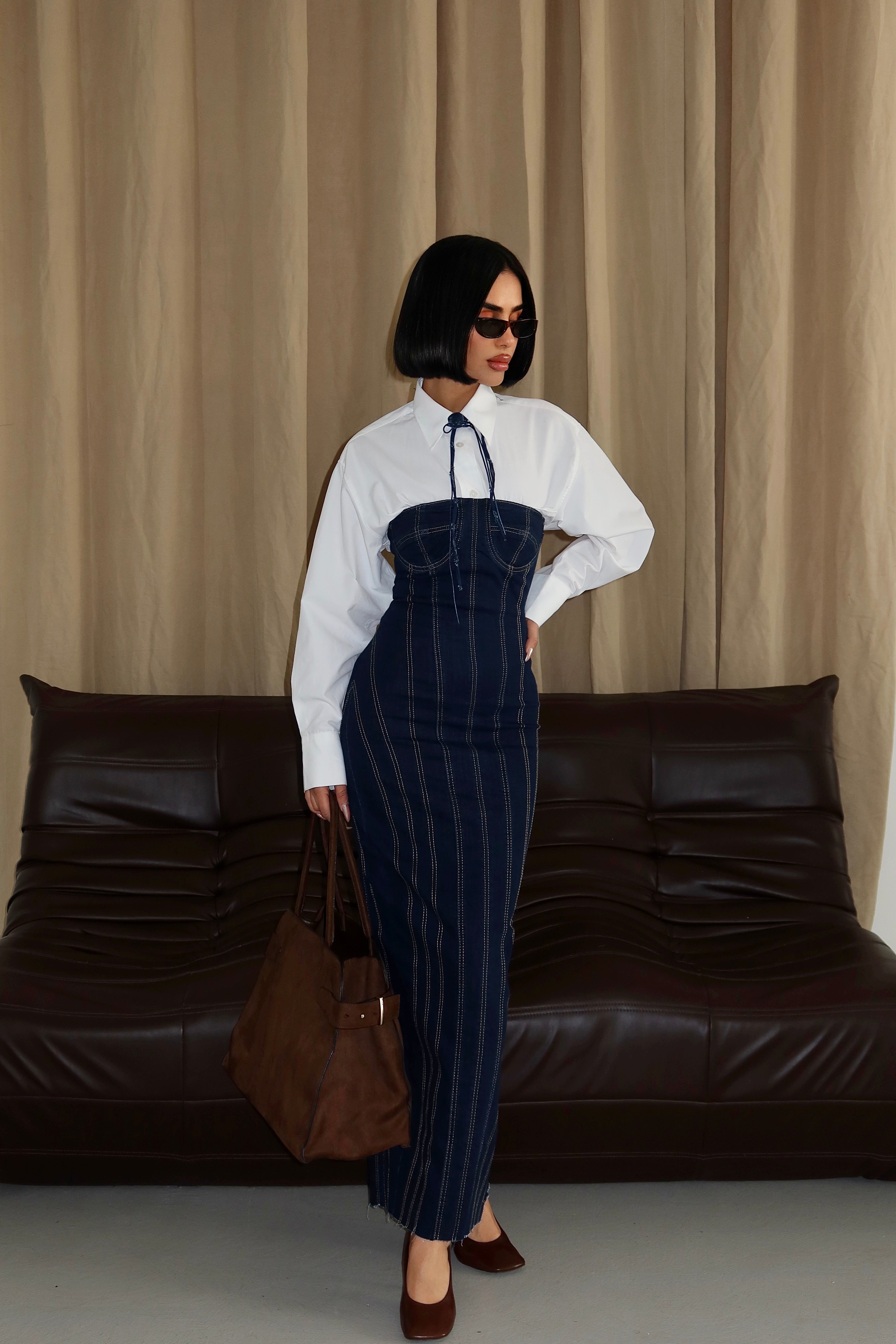 The Corset Denim Dress – Strapless Bodycon Midi