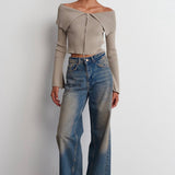 Off-Shoulder Zip-Up Ribbed Top