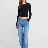 Soft Modal Ribbed Buttoned Long Sleeve Top