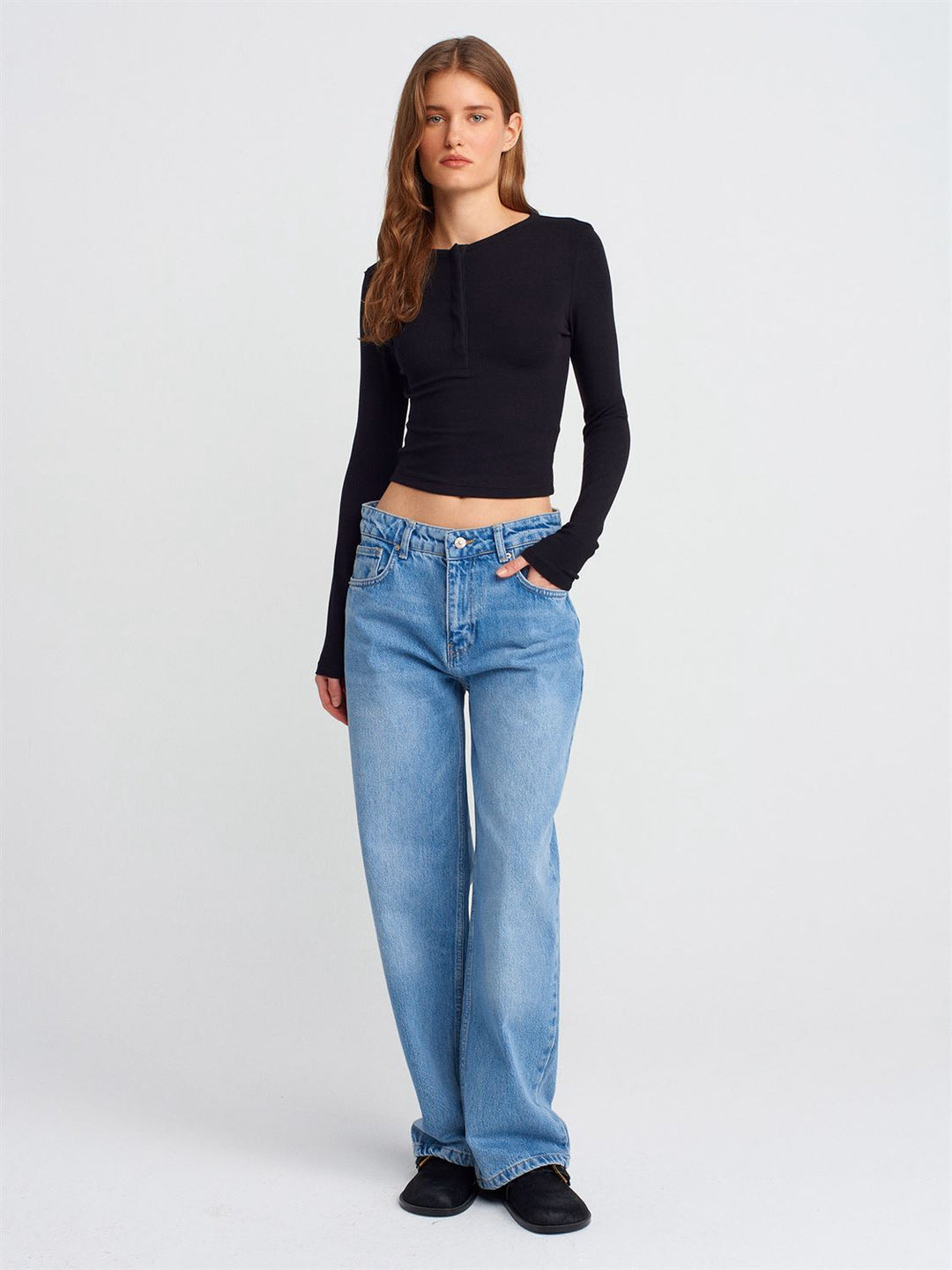 Soft Modal Ribbed Buttoned Long Sleeve Top