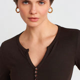 Notch Button Rib Top Brown