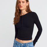 Soft Modal Ribbed Buttoned Long Sleeve Top