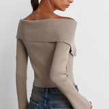Off-Shoulder Zip-Up Ribbed Top