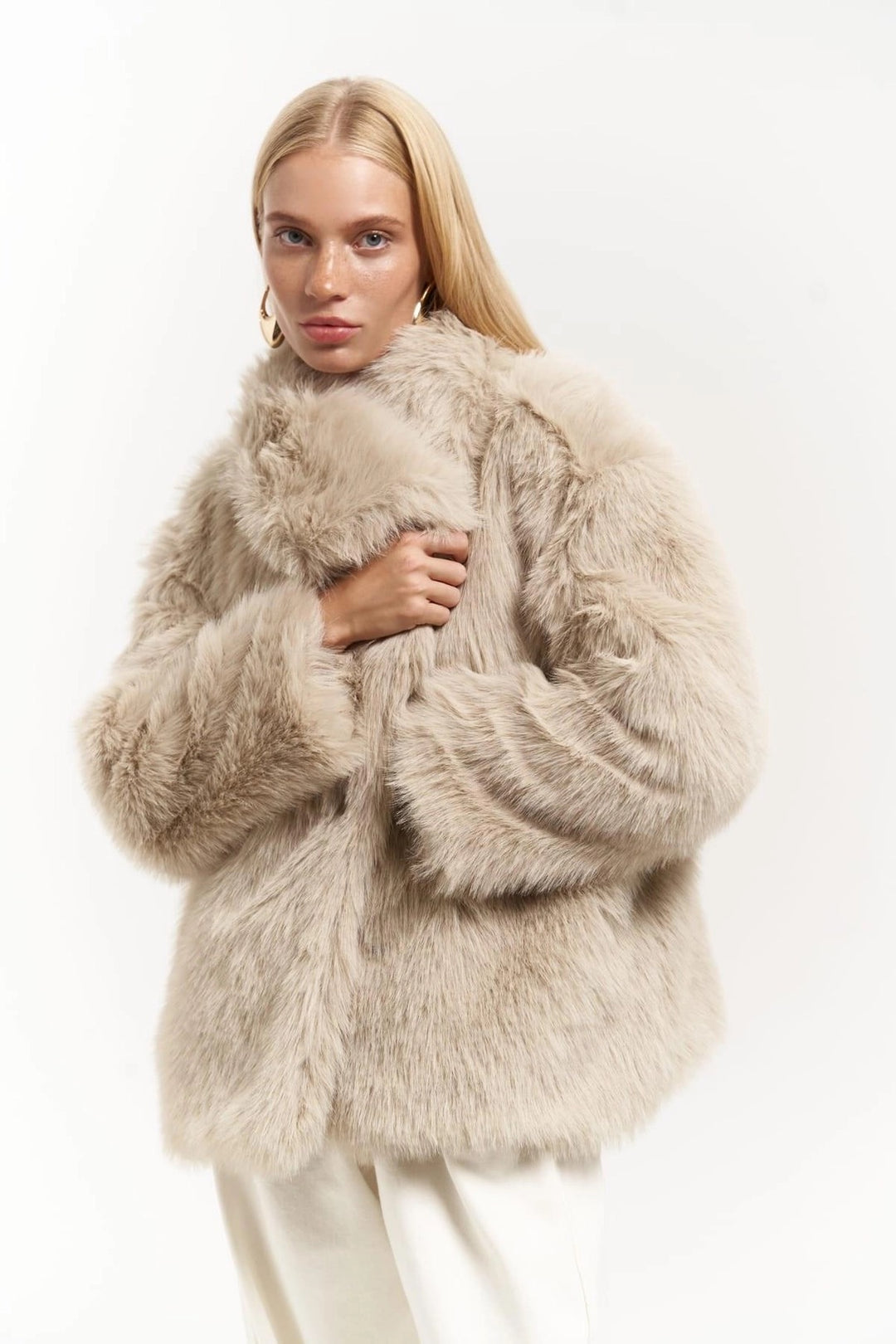 Plush Snap-Front Oversized Fur Jacket