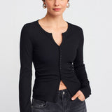 Notch Button Rib Top Black