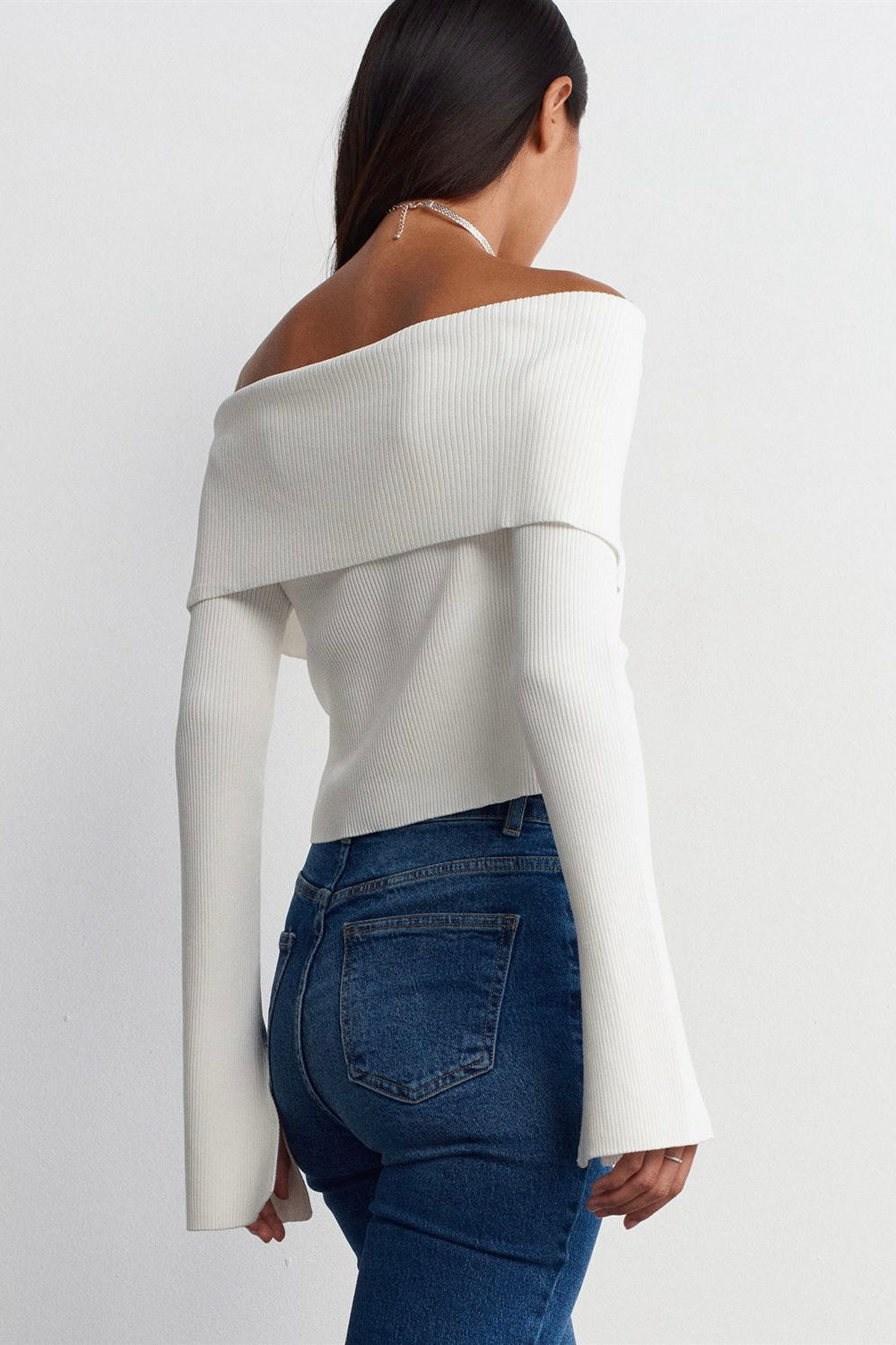 Off-Shoulder Zip-Up Ribbed Top