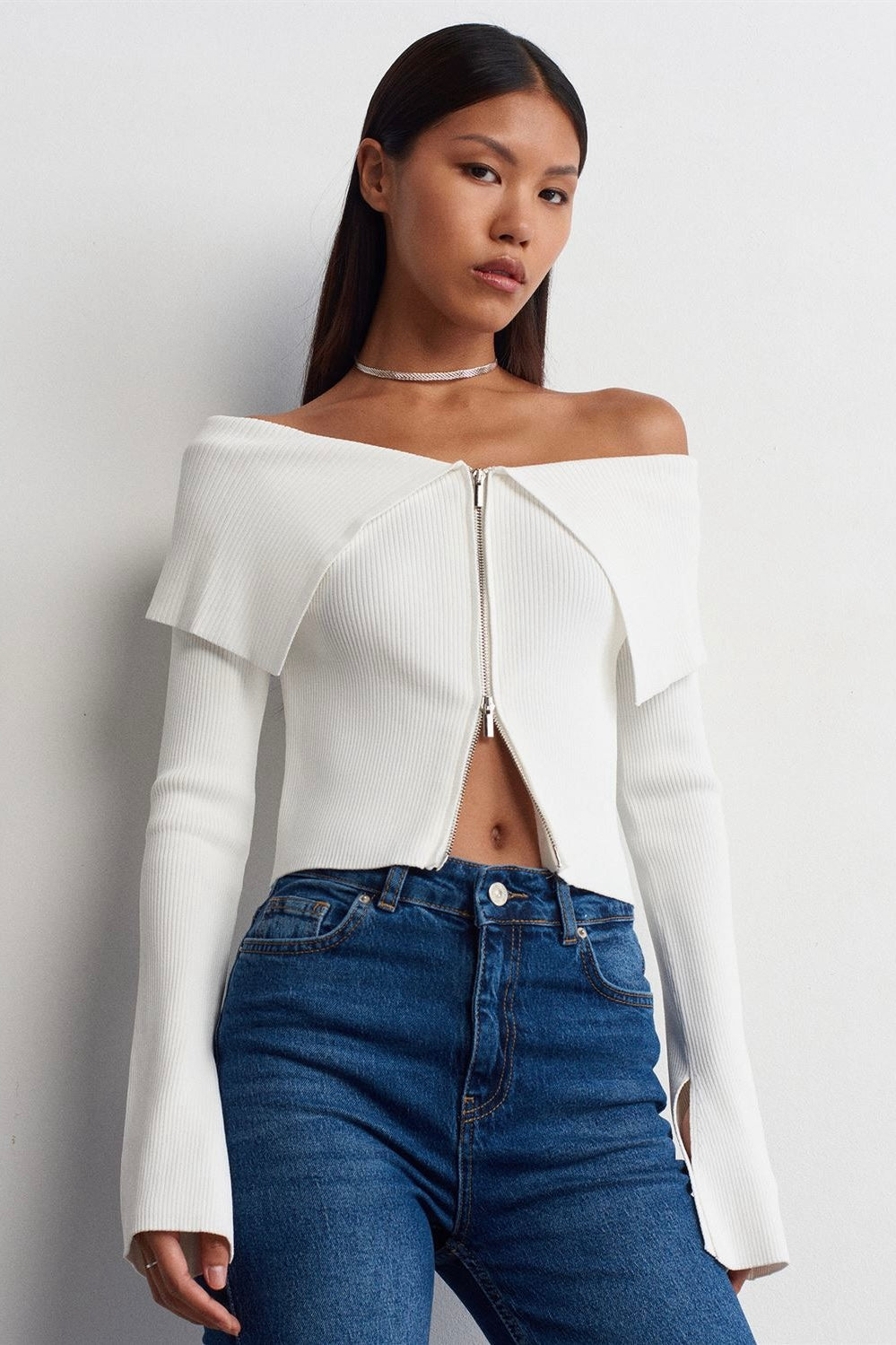 Off-Shoulder Zip-Up Ribbed Top