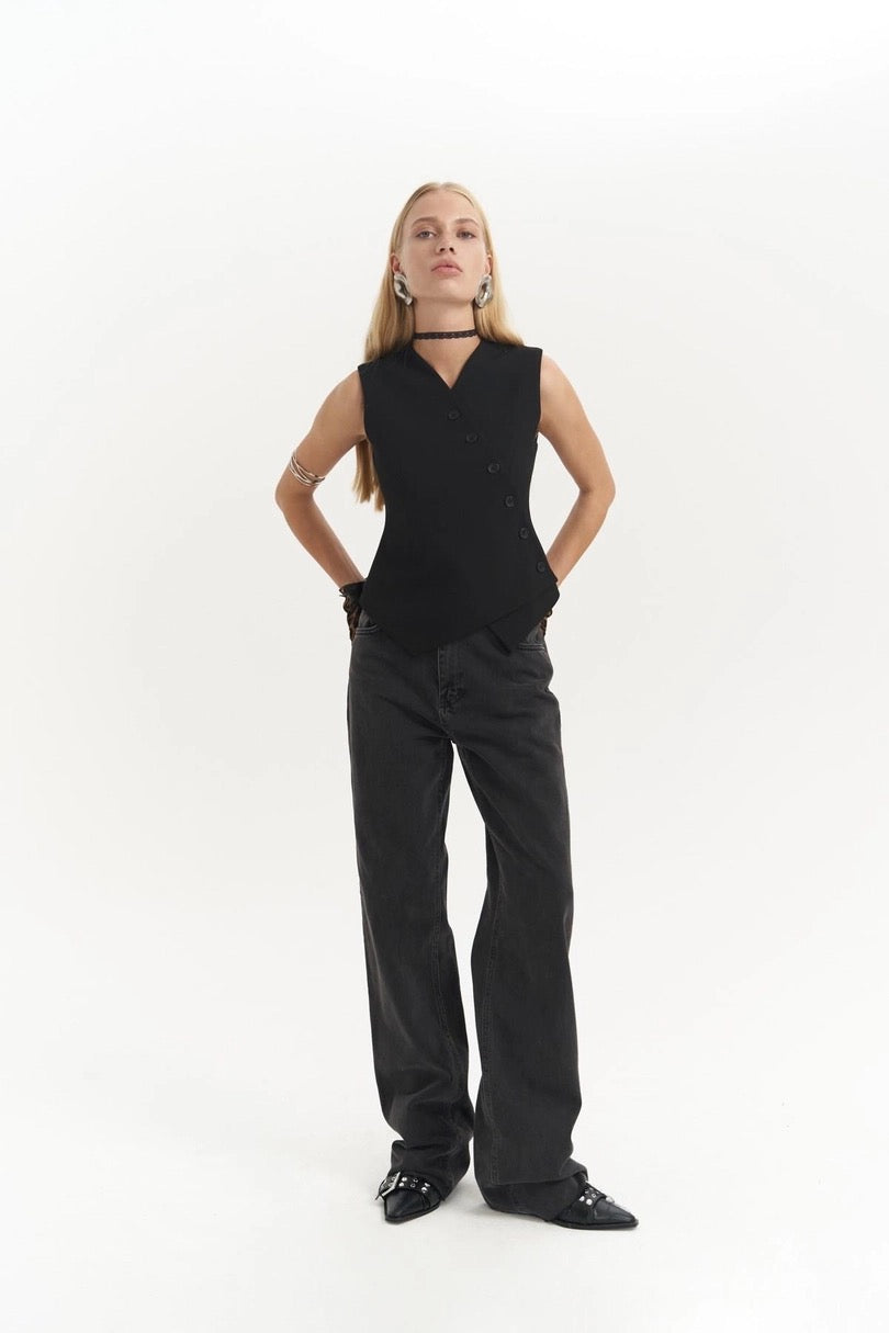 Asymmetric Buttoned Vest Black