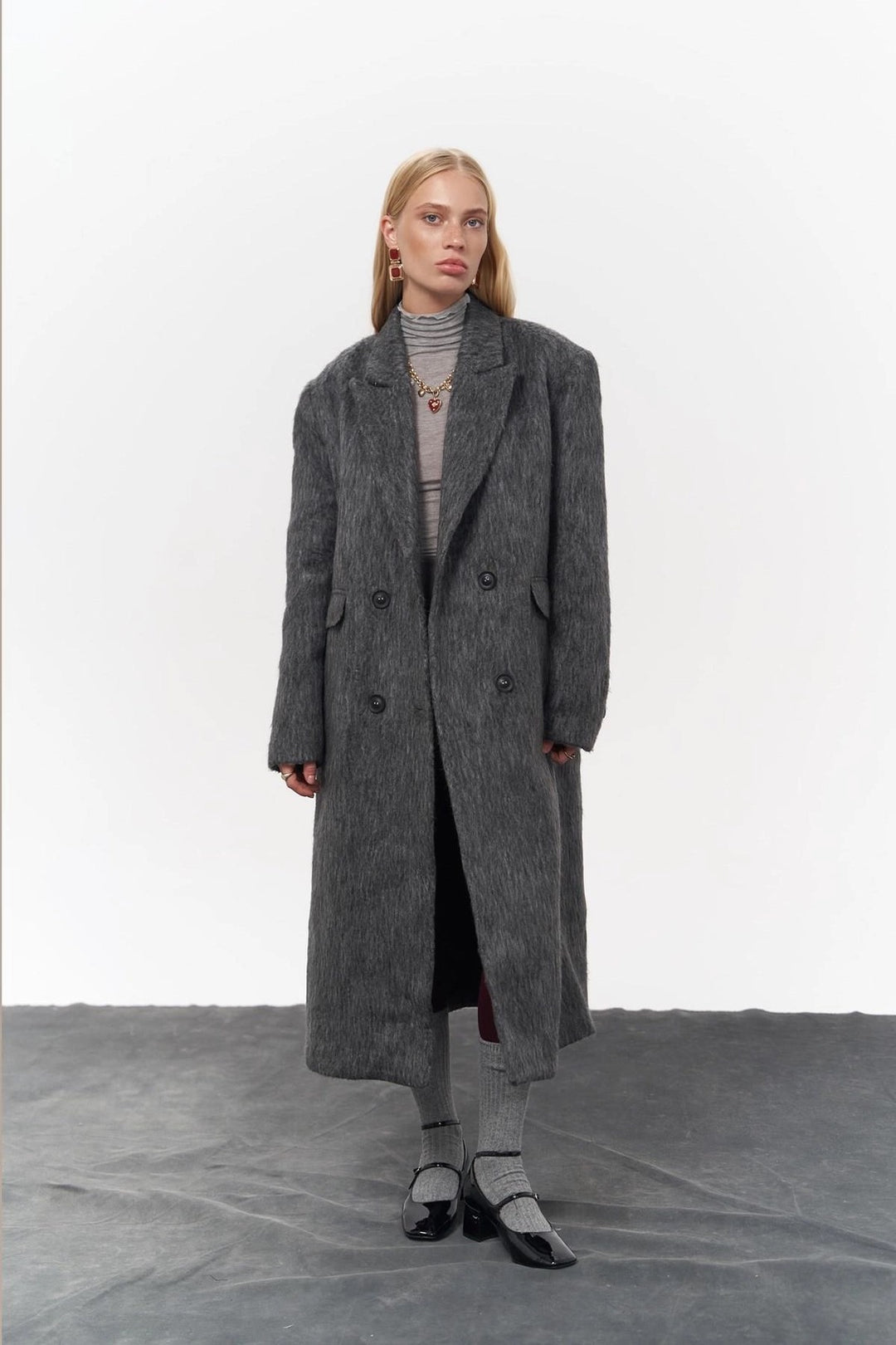 Layered Double-Breasted Textured Coat