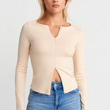 Zip Front Long Sleeve Top Beige