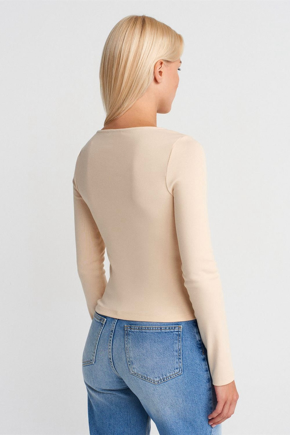 Zip Front Long Sleeve Top Beige