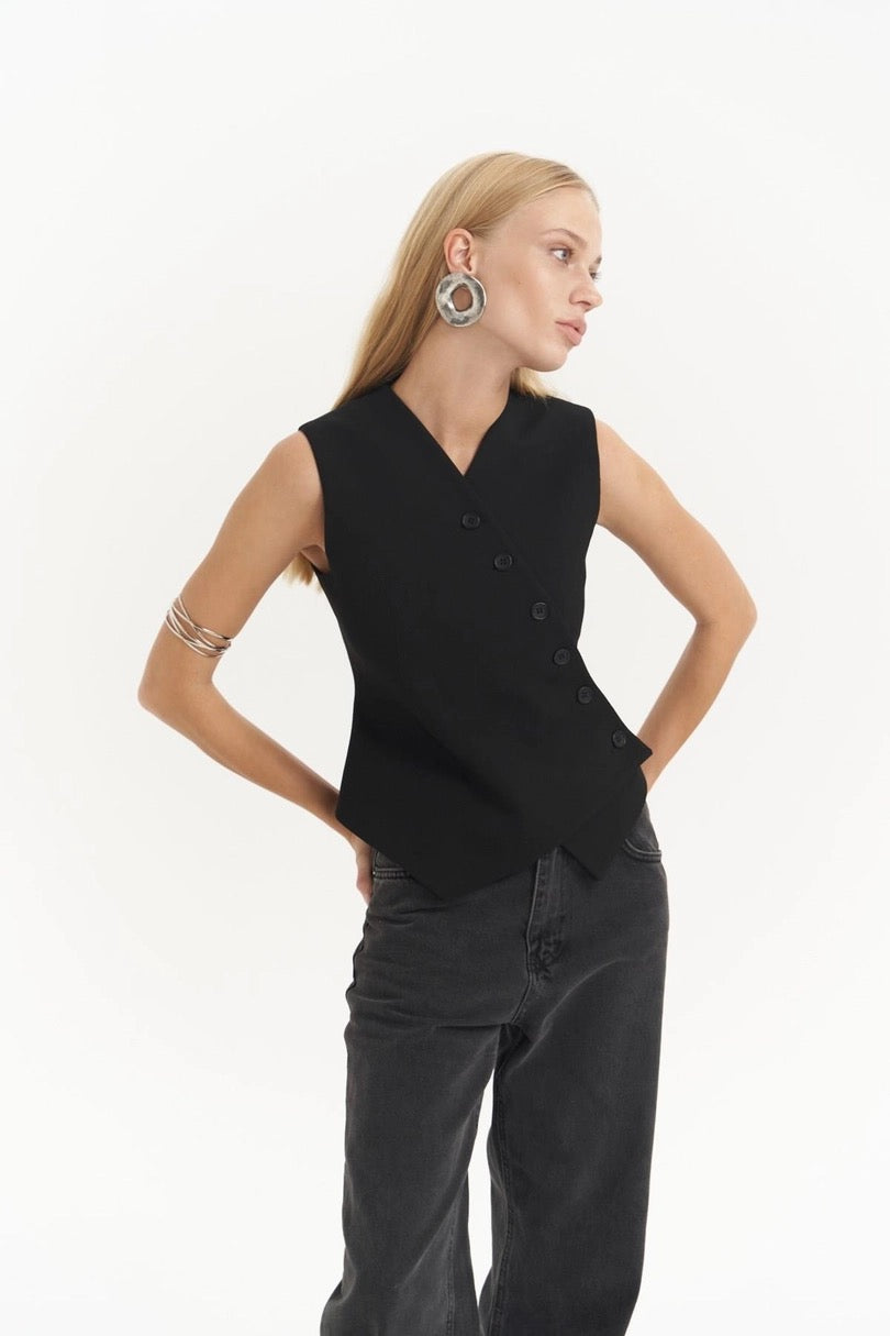 Asymmetric Buttoned Vest Black
